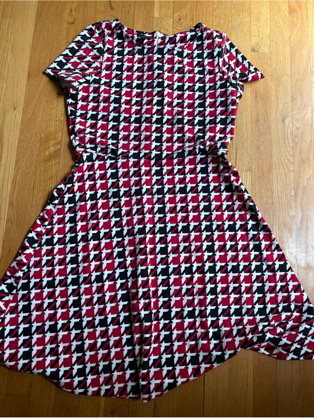 Talbots Red Black White Houndstooth Fit & Flare Dress Size Large
